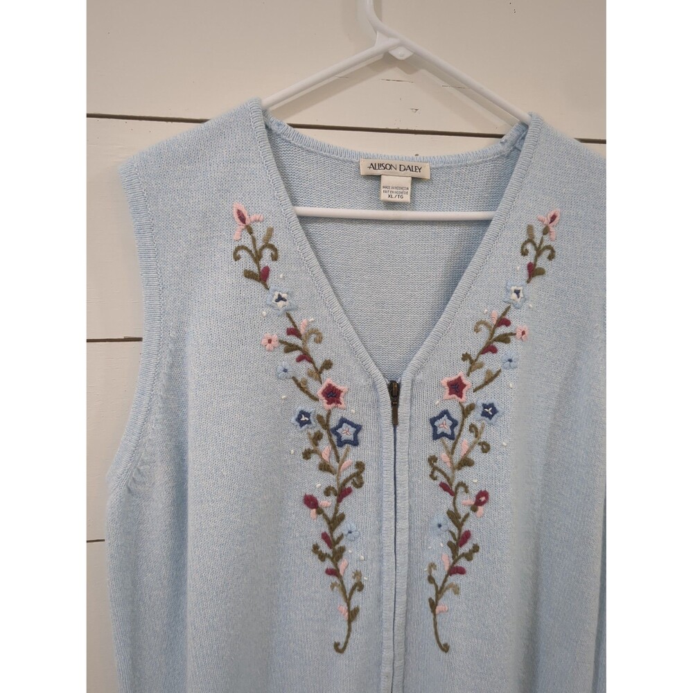 Allison Daley vintage blue sweater vest zipper XL floral